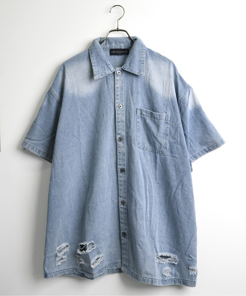 neos(ネオス)の「【neos】ピグメント加工 ダメージ デニムシャツ 半袖 メンズ レディース ビッグシルエット オーバーサイズ ヴィンテージライク ケミカルウォッシュ(シャツ/ブラウス・メンズ・パープル/ブラウン/ブラック/ブルー・X-LARGE/LARGE/MEDIUM)」の22枚目の写真