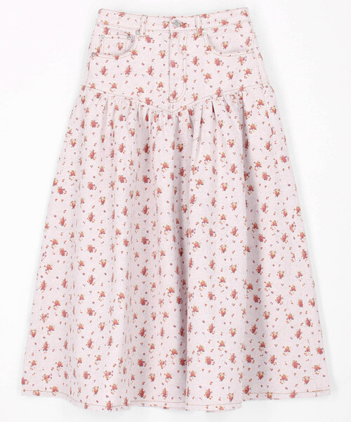 Firsthand(ファーストハンド)の「GANNI/ガニー Printed Paint Denim Long Skirt / A1090268 / 花柄 プリント フレア デニムスカート(デニムスカート・レディース・ピンク・36)」の1枚目の写真