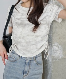 ショート丈ラメプリントギャザーTシャツ
