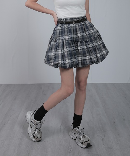 nonomi(ノノミ)の「チェック柄 バルーンミニスカート ティアードボリューム ベルトセット(スカート・レディース・ブラック/ブラウン/イエロー/ブルー・FREE)」の10枚目の写真