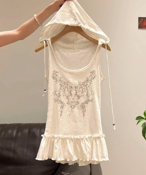 AVYL（アヴィル）の「裾フリルデザインフード付きグラフィックタンクトップ（Tシャツ/カットソー・レディース・ホワイト/ブラック・M）」の14枚目の写真
