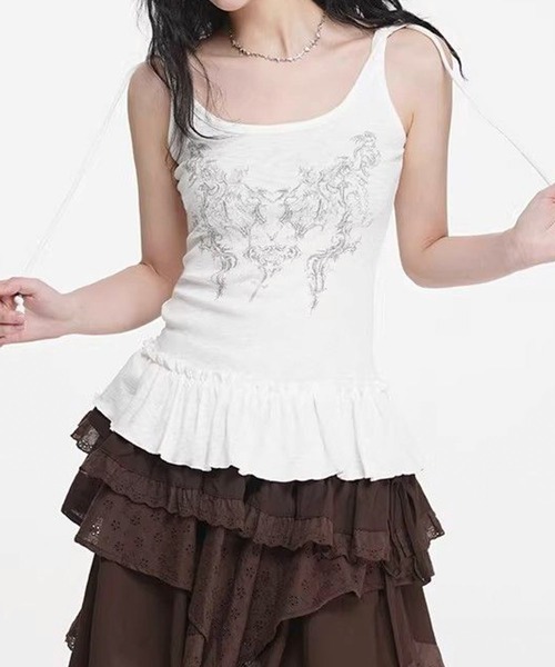 AVYL（アヴィル）の「裾フリルデザインフード付きグラフィックタンクトップ（Tシャツ/カットソー・レディース・ホワイト/ブラック・M）」の4枚目の写真