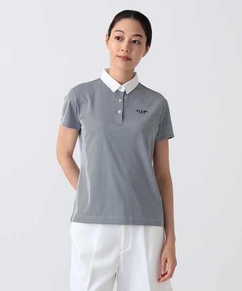 BEAMS GOLF(ビームスゴルフ)の「〈WOMEN〉PURPLE LABEL / ストライプ クレリック ポロシャツ(ポロシャツ・レディース・グリーン/ネイビー・S/M/L)」の2枚目の写真