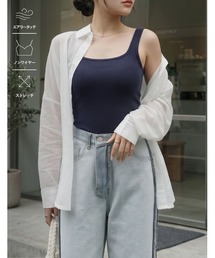 [カップ付き/ノンワイヤー/ストレッチ/エアリータッチ]Libre Beauty Bra Top スクエアネックリブタンクトップ