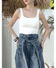 [カップ付き/ノンワイヤー/ストレッチ/エアリータッチ]Libre Beauty Bra Top スクエアネックリブタンクトップ