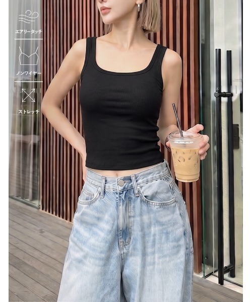 Re:EDIT（リエディ）の「[カップ付き/ノンワイヤー/ストレッチ/エアリータッチ]Libre Beauty Bra Top スクエアネックリブタンクトップ（タンクトップ・レディース・ネイビー/カーキ/ホワイト/グレー/ブラック・MEDIUM/LARGE）」の3枚目の写真