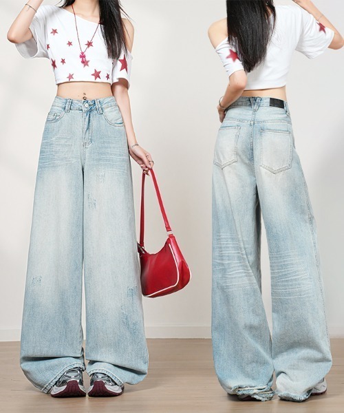 AMAJI(アマジ)の「裾ダメージ デニムパンツ(デニムパンツ・レディース・ライトブルー・SMALL/MEDIUM/LARGE/X-LARGE)」の2枚目の写真