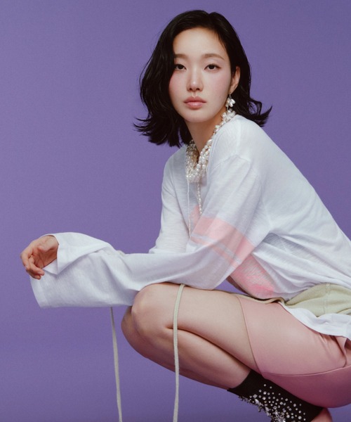 Mardi Mercredi(マルディメクルディ)の「SLUB COTTON TSHIRT LONG SLEEVE FLOWERMARDI / スラブ コットン Tシャツ ロング スリーブ フラワーマルディ(Tシャツ/カットソー・レディース・グレー/クリーム/ホワイト×ピンク/ライトピンク・FREE)」の7枚目の写真