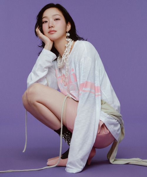 Mardi Mercredi(マルディメクルディ)の「SLUB COTTON TSHIRT LONG SLEEVE FLOWERMARDI / スラブ コットン Tシャツ ロング スリーブ フラワーマルディ(Tシャツ/カットソー・レディース・グレー/クリーム/ホワイト×ピンク/ライトピンク・FREE)」の6枚目の写真