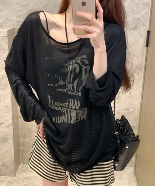 lilful(リルフル)の「【26年秋冬新作】Y2K ぼかしプリント オーバーサイズ シアーロンT(Tシャツ/カットソー・レディース・ホワイト/ブラック/グレー・F)」の8枚目の写真