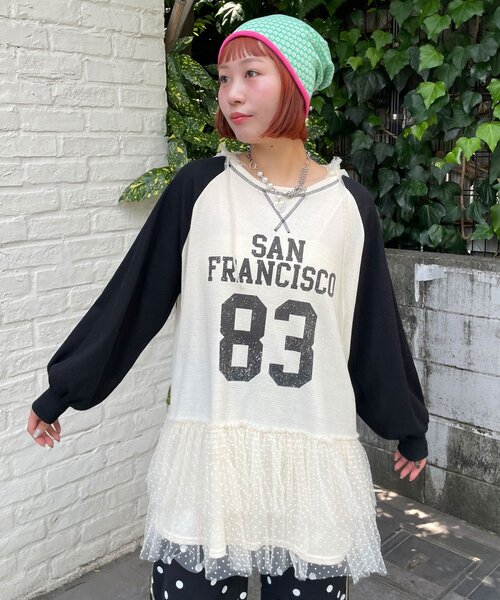 HELLO.SANFRANCISCO(ハローサンフランシスコ)の「【HELLO.SANFRANCISCO/ハローサンフランシスコ】ワッフルロゴチュールフーディチュニック(Tシャツ/カットソー・レディース・ピンク/ホワイト・ONE SIZE)」の7枚目の写真