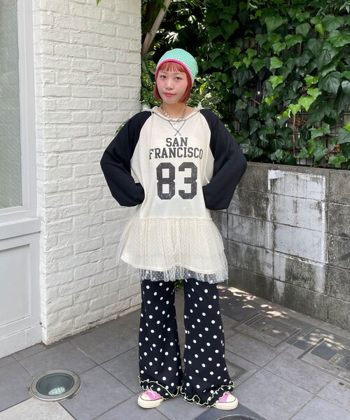 HELLO.SANFRANCISCO(ハローサンフランシスコ)の「【HELLO.SANFRANCISCO/ハローサンフランシスコ】ワッフルロゴチュールフーディチュニック(Tシャツ/カットソー・レディース・ピンク/ホワイト・ONE SIZE)」の4枚目の写真