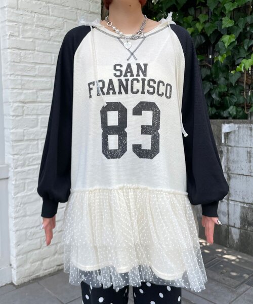 HELLO.SANFRANCISCO(ハローサンフランシスコ)の「【HELLO.SANFRANCISCO/ハローサンフランシスコ】ワッフルロゴチュールフーディチュニック(Tシャツ/カットソー・レディース・ピンク/ホワイト・ONE SIZE)」の12枚目の写真