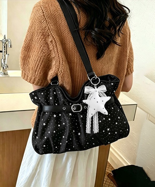 Miniministore(ミニミニストア)の「星柄ショルダーバッグチャーム付きトート鞄(トートバッグ・レディース・アイボリー/ピンク/ブラック/ライトブルー・FREE)」の3枚目の写真