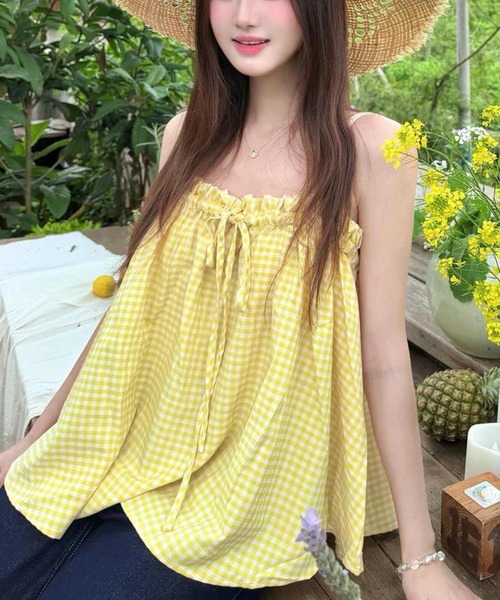 AsheKsha(アシクシャ)の「フリルリボン付きゆったりキャミソール(キャミソール・レディース・イエロー・M)」の3枚目の写真