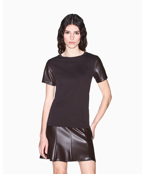 ARMANI EXCHANGE(アルマーニエクスチェンジ)の「【A|X アルマーニ エクスチェンジ】ゴールドロゴ ワンポイント半袖クルーネックTシャツ/REGULAR(Tシャツ/カットソー・レディース・ダークブラウン・LARGE/MEDIUM/SMALL/X-LARGE/X-SMALL)」の1枚目の写真