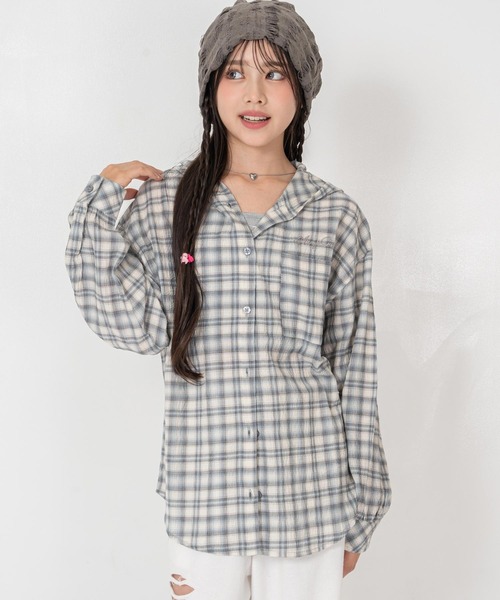 ANAP GiRL(アナップガール)の「*チェック柄フーディーオーバーシャツ(シャツ/ブラウス・キッズ・ブラック/サックスブルー・XS/S/M)」の21枚目の写真