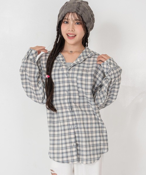 ANAP GiRL(アナップガール)の「*チェック柄フーディーオーバーシャツ(シャツ/ブラウス・キッズ・ブラック/サックスブルー・XS/S/M)」の22枚目の写真