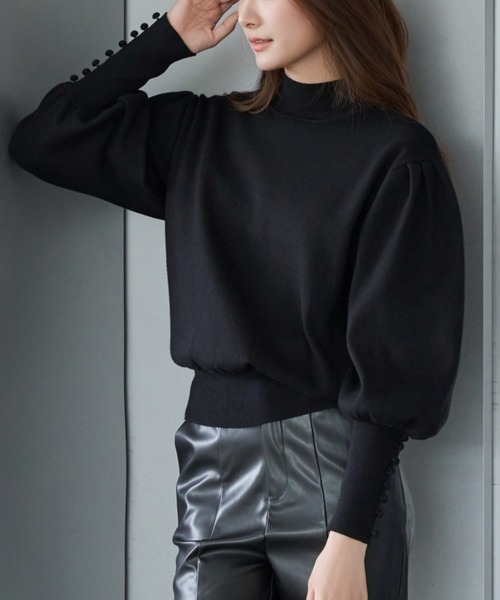 BIRTHDAY BASH(バースデイバッシュ)の「HIGH NECK VOLUME SLEEVE KNIT(ハイネックボリュームスリーブニット)(ニット/セーター・レディース・ブラック/ブルー・FREE)」の1枚目の写真