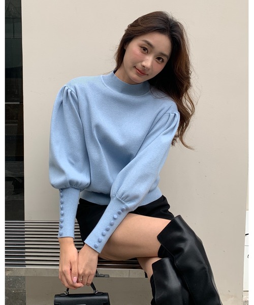 BIRTHDAY BASH(バースデイバッシュ)の「HIGH NECK VOLUME SLEEVE KNIT(ハイネックボリュームスリーブニット)(ニット/セーター・レディース・ブラック/ブルー・FREE)」の20枚目の写真