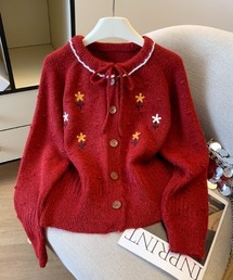 フラワー刺繍 ラウンドカラーニットカーディガン