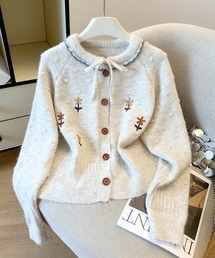 フラワー刺繍 ラウンドカラーニットカーディガン