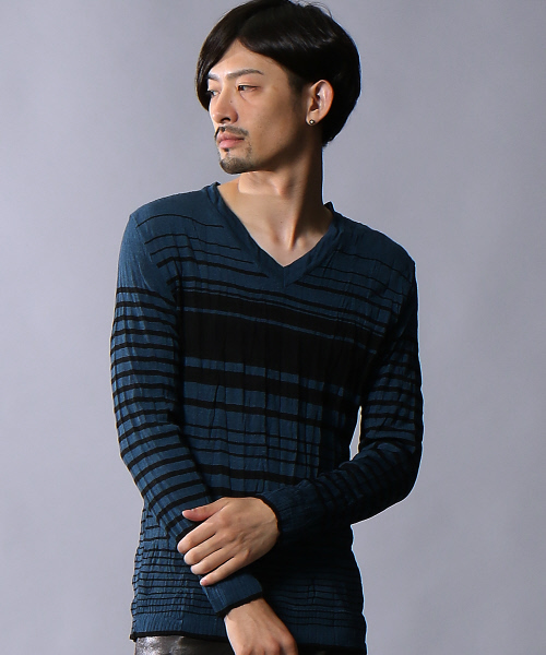 5351 POUR LES HOMMES(ゴーサンゴーイチプールオム)の「クラッシュボーダーVネックニット(ニット/セーター・メンズ・ホワイト/ブルー/ブラック・44/46/48)」の3枚目の写真