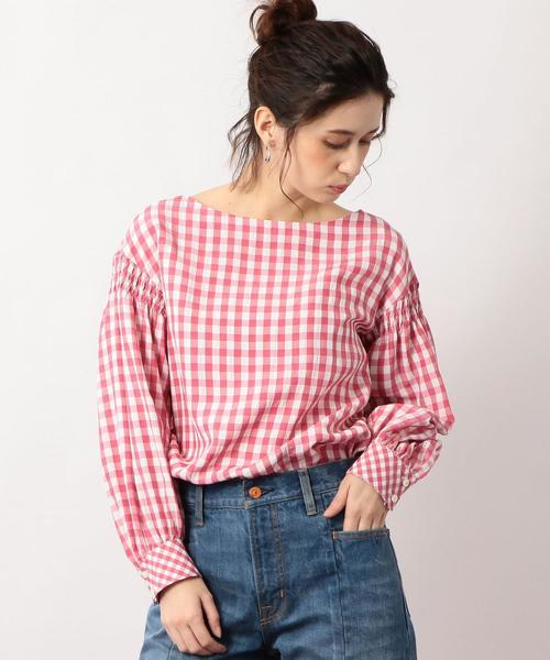 green label relaxing（グリーンレーベルリラクシング）の「KFC ギンガム ソデシャーリング ブラウス ◆（シャツ/ブラウス・レディース・ブラック/ピンク/ネイビー・FREE）」の3枚目の写真