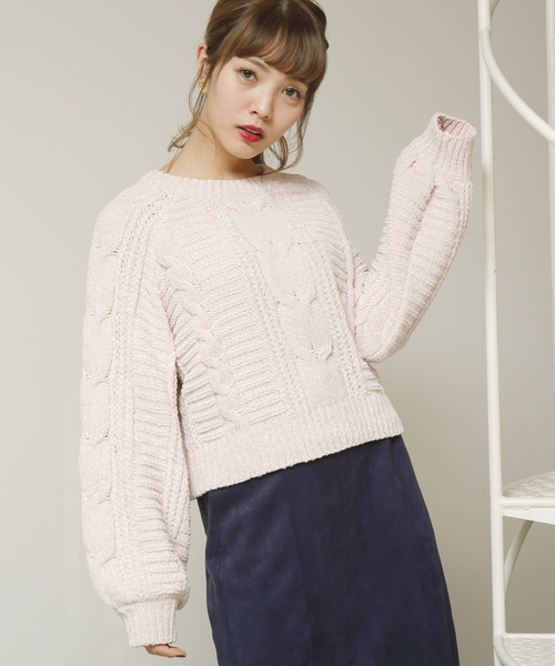 RAY CASSIN(レイカズン)の「ベロアモールケーブルニットプルオーバー(ニット/セーター・レディース・ネイビー/ピンク/キナリ・FREE)」の3枚目の写真