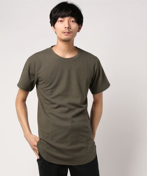 MinoriTY(マイノリティ)の「Tシャツ 半袖 ワッフル ロング丈 無地Tシャツ(Tシャツ/カットソー・メンズ・ピンク/ブラック/ベージュ/カーキ/オフホワイト/杢グレー/ネイビー・L/M/XL)」の5枚目の写真