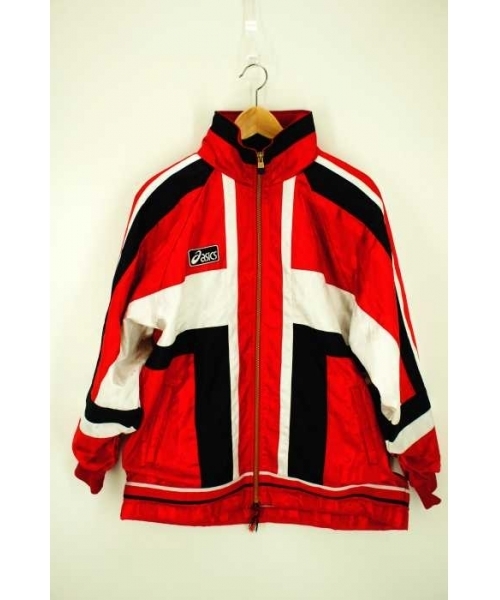 asics フード付きロングジャケット 赤 ブランド古着】裏起毛ナイロンジャケット（ナイロンジャケット