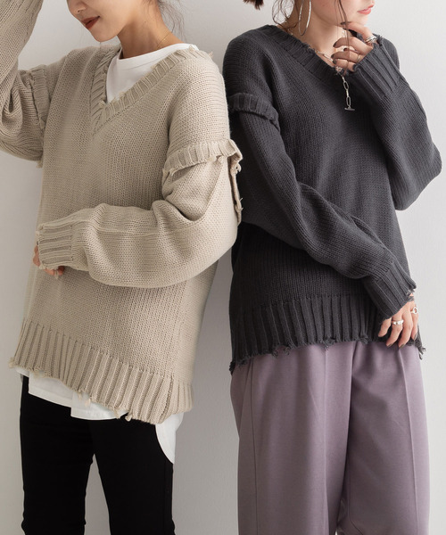 Newlyme(ニューリーミー)の「ダメージVネックニット【R】(ニット/セーター・レディース・チャコールグレー/ベージュ/パープル・M-L)」の6枚目の写真