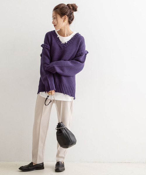 Newlyme(ニューリーミー)の「ダメージVネックニット【R】(ニット/セーター・レディース・チャコールグレー/ベージュ/パープル・M-L)」の9枚目の写真