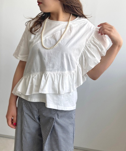 prose verse(プロズヴェール)の「《WEB限定》アシメフリル異素材キリカエTee(Tシャツ/カットソー・レディース・ブラック/アイボリー/オレンジ・フリ-)」の1枚目の写真
