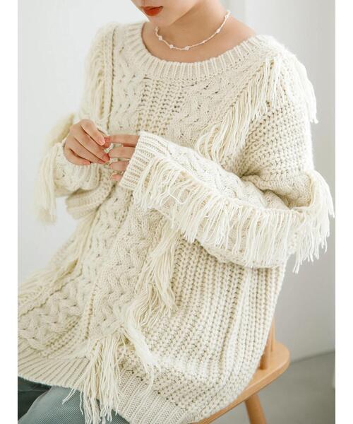 SLURR（スラ―）の「フリンジケーブルニットチュニック（ニット/セーター・レディース・オフホワイト/クリーム/グレイッシュベージュ・FREE）」の20枚目の写真