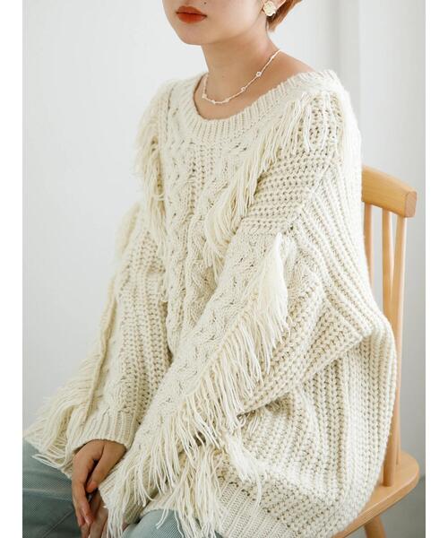SLURR（スラ―）の「フリンジケーブルニットチュニック（ニット/セーター・レディース・オフホワイト/クリーム/グレイッシュベージュ・FREE）」の21枚目の写真