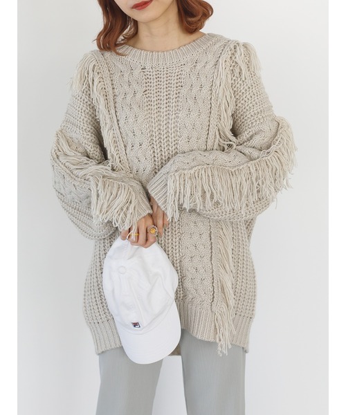 SLURR（スラ―）の「フリンジケーブルニットチュニック（ニット/セーター・レディース・オフホワイト/クリーム/グレイッシュベージュ・FREE）」の12枚目の写真