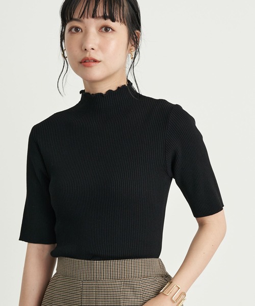 earth music&ecology（アースミュージックアンドエコロジー）の「ハイネックメローリブニット(半袖) ＊（ニット/セーター・レディース・ブラック/アイボリー/ライトブラウン/ミント/ラベンダー/ライトベージュ・M/S）」の3枚目の写真