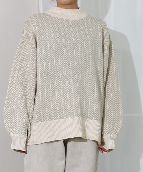 Per sist ence（パーシエンス）の「Per sist ence/パーシエンス　 アクリルへリンボーン クルーニット（ニット/セーター・レディース・モカ/アイボリー/オリーブ・FREE）」の3枚目の写真