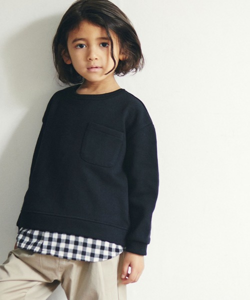 D.fesense（ディーフェセンス）の「チェック重ね着風トレーナー（スウェット・キッズ・オフホワイト/ブラック/サックスブルー・100cm/110cm/80ｃｍ/90cm）」の2枚目の写真