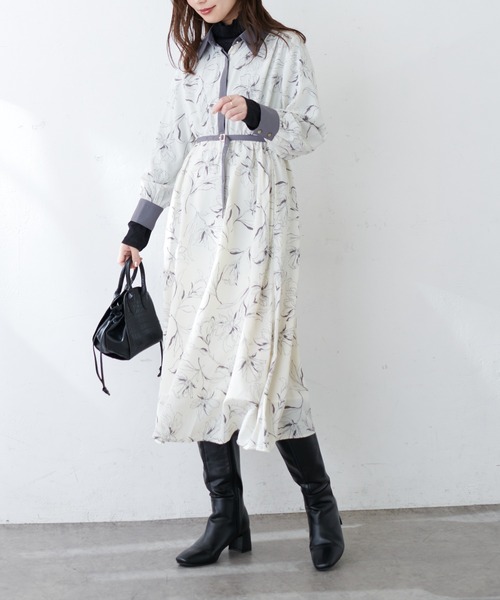natural couture(ナチュラルクチュール)の「配色襟付きレトロワンピース(ワンピース・レディース・グリーン系/ホワイト系/ブラウン系/ベージュ/ブラック系その他/ベージュ系その他・FREE)」の2枚目の写真