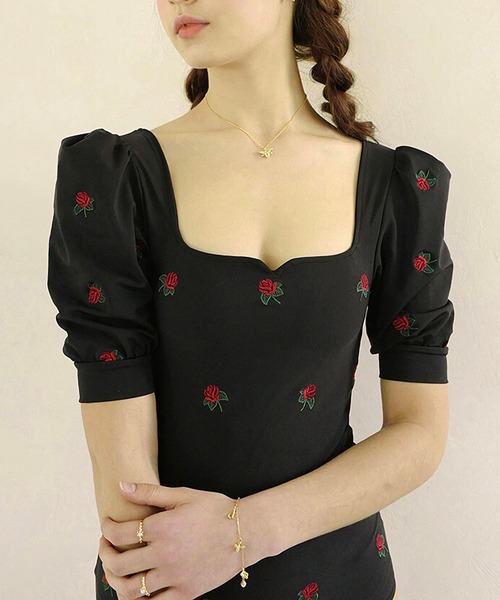 Dita（ディータ）の「トリプルバッグリボンパフスリーブワンピース 水着（水着・レディース・ブラック/ブラック×レッド・M/L）」の7枚目の写真