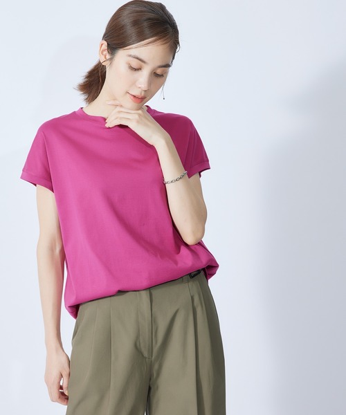 ROPE'（ロペ）の「【新色追加】【接触冷感】コットン天竺キャップスリーブＴシャツ（Tシャツ/カットソー・レディース・ホワイト/ブラック/ベージュ/サックスブルー/ピンク系その他/ダークブラウン・38）」の6枚目の写真