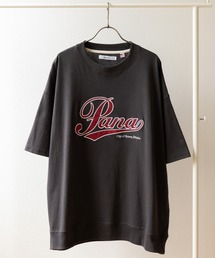 アップリケ刺繍カレッジロゴTシャツ/半袖スウェット/ビッグシルエット/ユニセックス