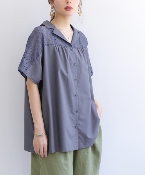 osharewalker(オシャレウォーカー)の「【廃盤】『レース切替オープンカラーシャツ』(シャツ/ブラウス・レディース・ブラック/ネイビー/オフホワイト・FREE)」の3枚目の写真