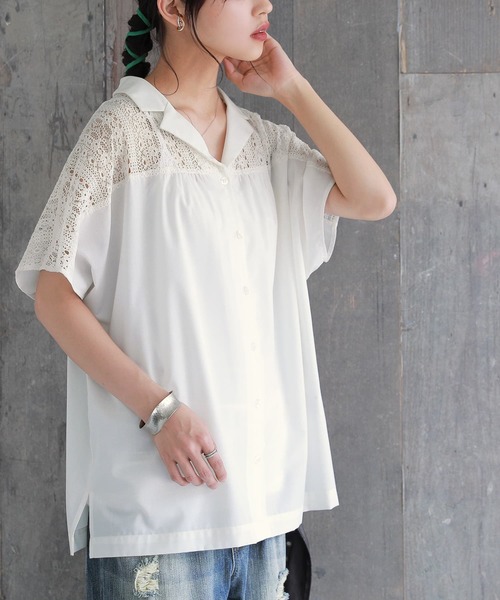 osharewalker(オシャレウォーカー)の「【廃盤】『レース切替オープンカラーシャツ』(シャツ/ブラウス・レディース・ブラック/ネイビー/オフホワイト・FREE)」の5枚目の写真