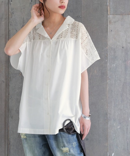 osharewalker(オシャレウォーカー)の「【廃盤】『レース切替オープンカラーシャツ』(シャツ/ブラウス・レディース・ブラック/ネイビー/オフホワイト・FREE)」の6枚目の写真