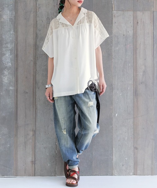 osharewalker(オシャレウォーカー)の「【廃盤】『レース切替オープンカラーシャツ』(シャツ/ブラウス・レディース・ブラック/ネイビー/オフホワイト・FREE)」の7枚目の写真