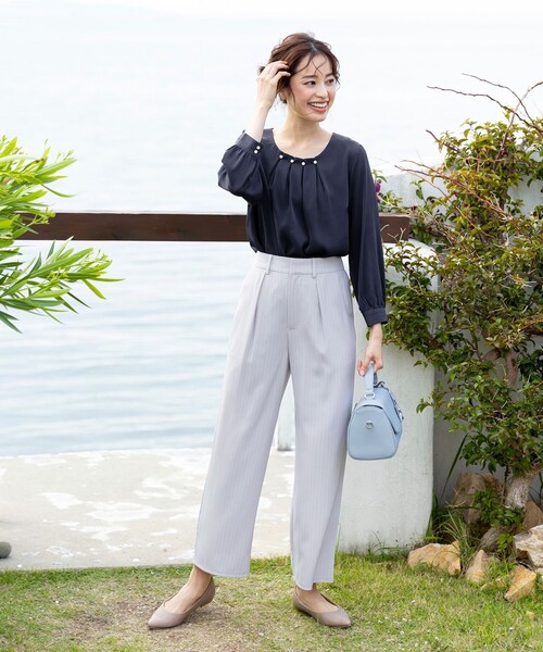 パール付きボトルネックブラウス　ストレッチタックパンツ　セットアップ　カットソー TWストレッチ タッククロップドパンツ(71313840-2024