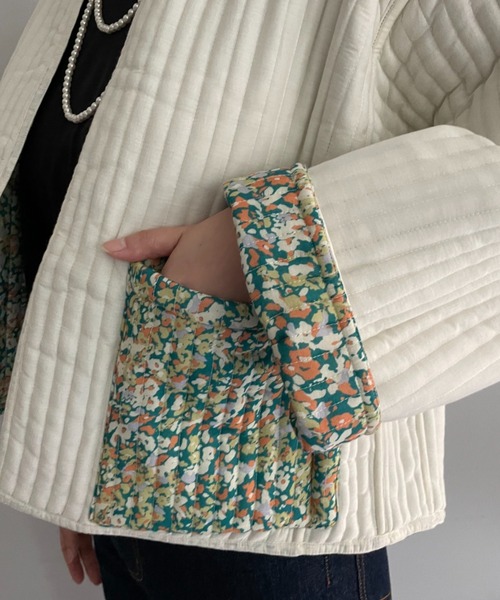 CIAOPANIC（チャオパニック）の「【CPC SCAMP】小花柄キルトジャケット（ノーカラージャケット・レディース・ブラック/グリーン・FREE）」の18枚目の写真